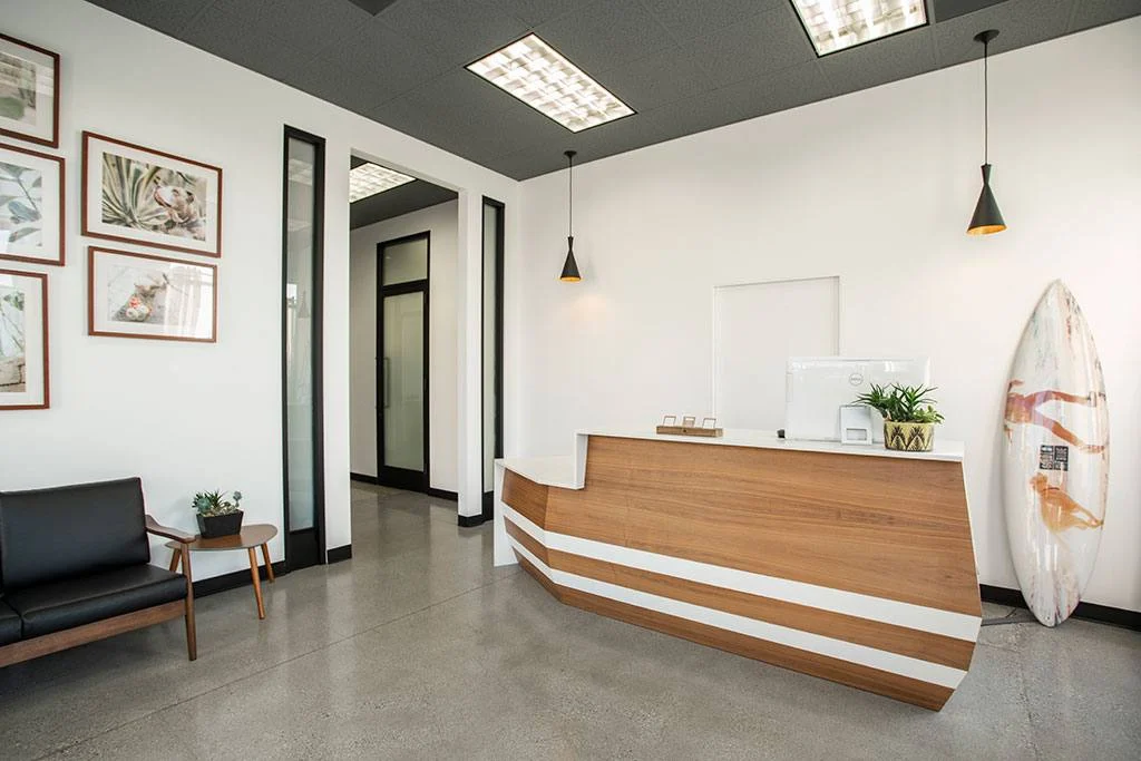 Veterinary clinic reception with curved wood-and-white desk, concrete floors and black-framed doors